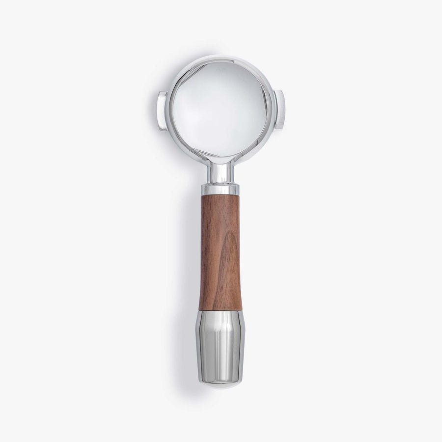 Wiedemann bottomless portafilter with walnut handle for E61 group machines.