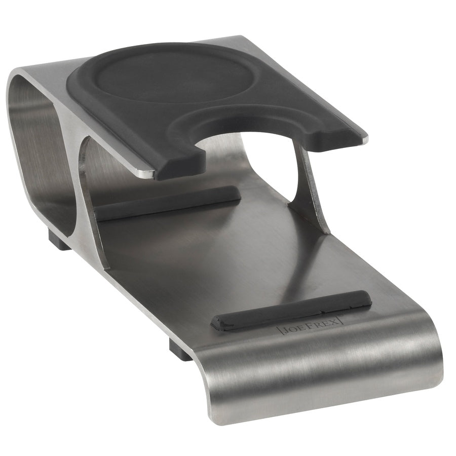 Joefrex Tamping Station Professional Down, stainless steel and silicone design, ergonomic and durable barista accessory.