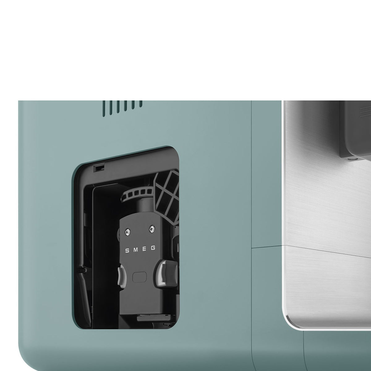 Smeg Kaffeevollautomat BCC13EGMEU in Emerald Green with milk system, compact design, and integrated grinder.