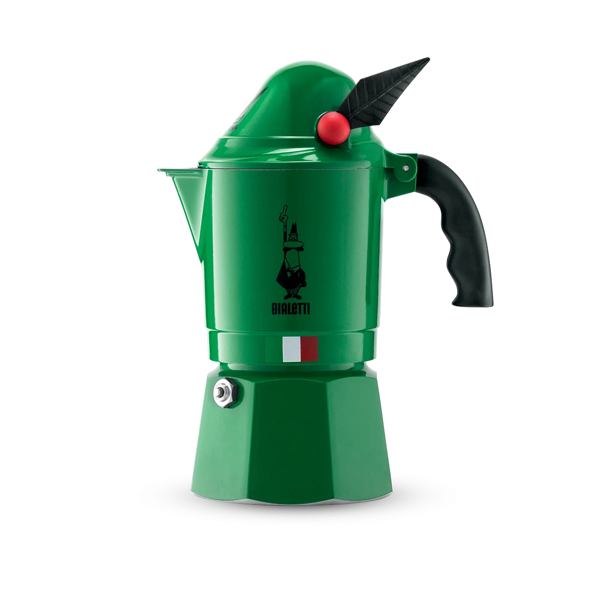 Bialetti Alpina 3-cup moka pot with unique Alpini hat design in green, made of durable aluminum for versatile stovetop use.
