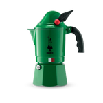 Bialetti Alpina 3-cup moka pot with unique Alpini hat design in green, made of durable aluminum for versatile stovetop use.