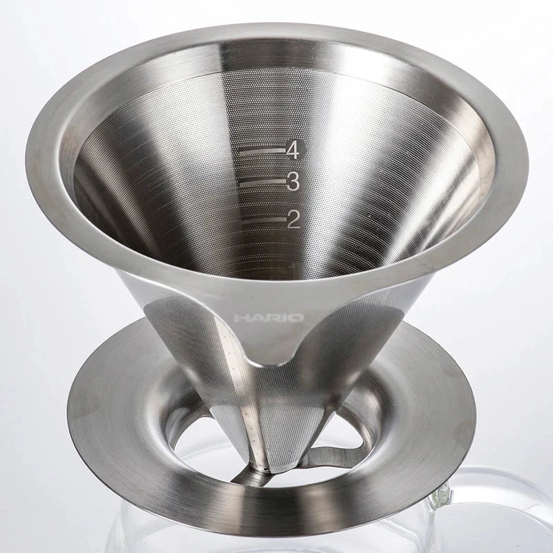 Hario Double Mesh Metal Dripper 02 made of stainless steel, featuring a double mesh design for rich coffee flavor without paper filters.