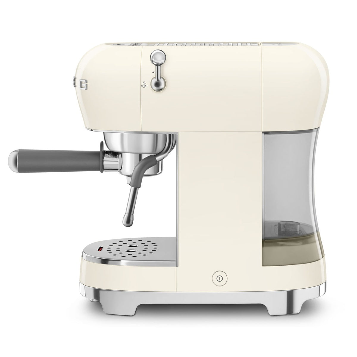 Cream-colored Smeg espresso machine ECF02CREU with stainless steel features and removable cup holder.