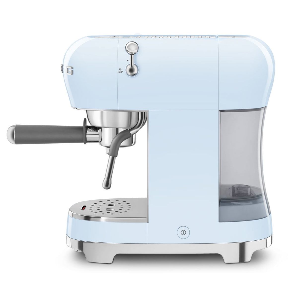 Pastellblaue Smeg Espressomaschine ECF02PBEU mit schlankem Design und Siebträger.