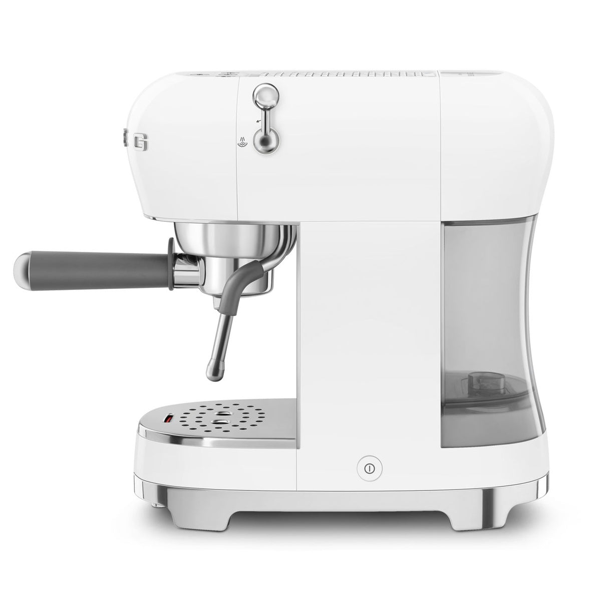 Smeg Espressomaschine ECF02WHEU in Weiß, italienisches Design, kompakt und platzsparend.