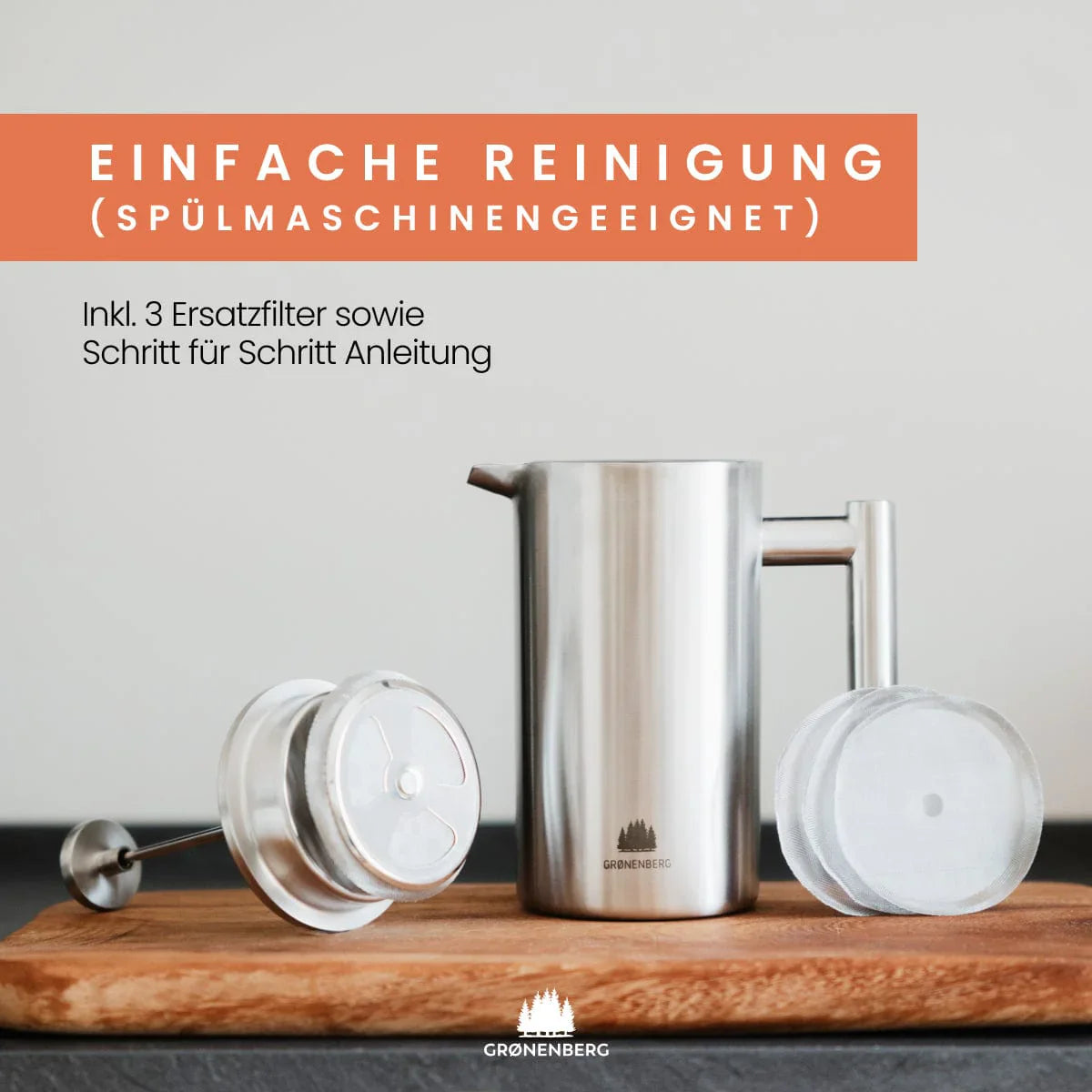 Groenenberg French Press aus Edelstahl 1 Liter mit Ersatzfiltern, spülmaschinengeeignet.