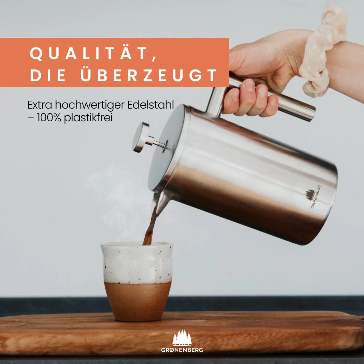Groenenberg French Press aus Edelstahl, 1 Liter, umweltfreundlich, hält Kaffee warm.