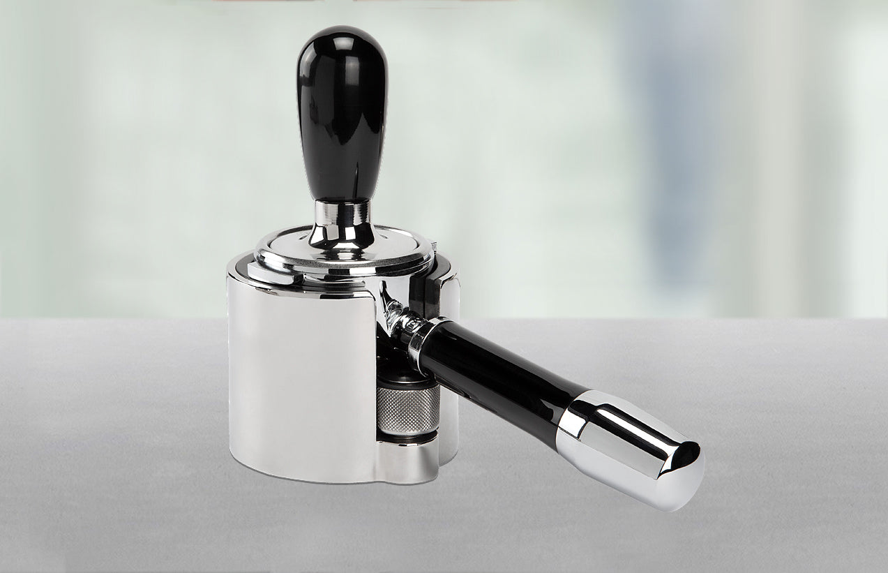 ECM Tamperstation made of polished stainless steel with adjustable height for precise tamping.