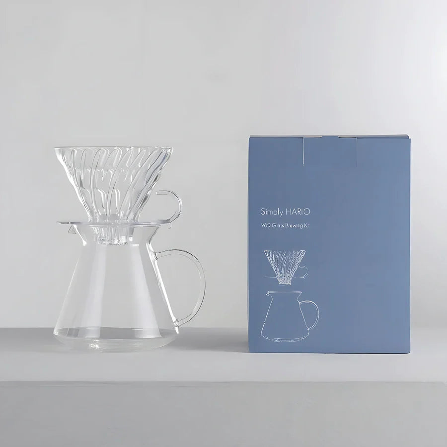 Hario V60 Glass Brewing Set 02 with glass dripper and carafe, perfect for home-brewed coffee.