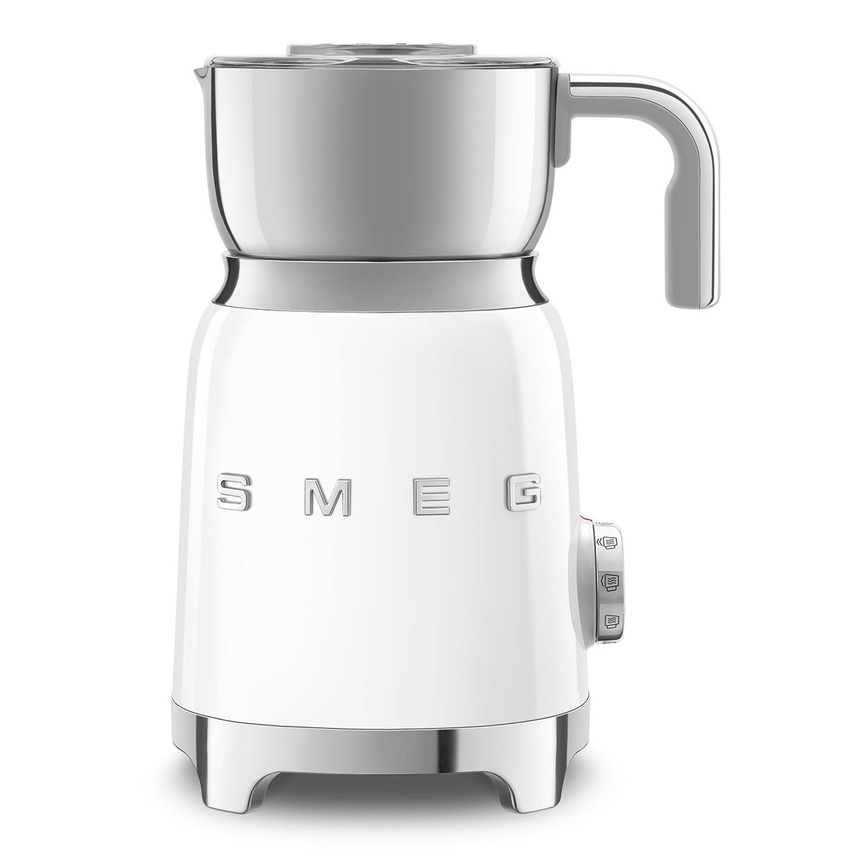 Smeg Milchaufschäumer Weiß MFF11WHEU with induction technology, 6 programs, Tritan™ Renew lid, and 600ml capacity.