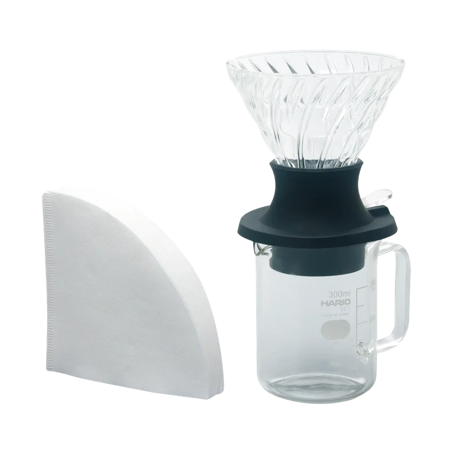 Hario V60 Immersion Dripper Switch Server Set 02 with paper filters, glass design.