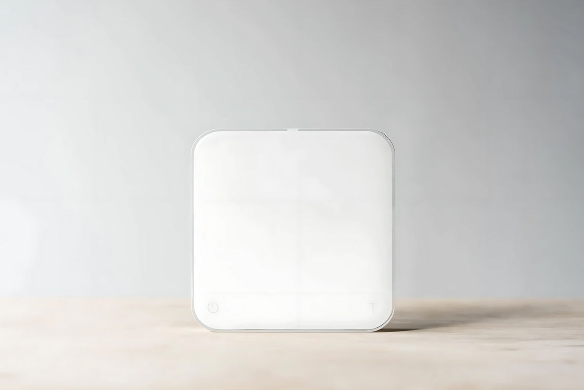 Acaia Pearl S Digitalwaage Weiß Modell 2023 mit LED-Display und Bluetooth.