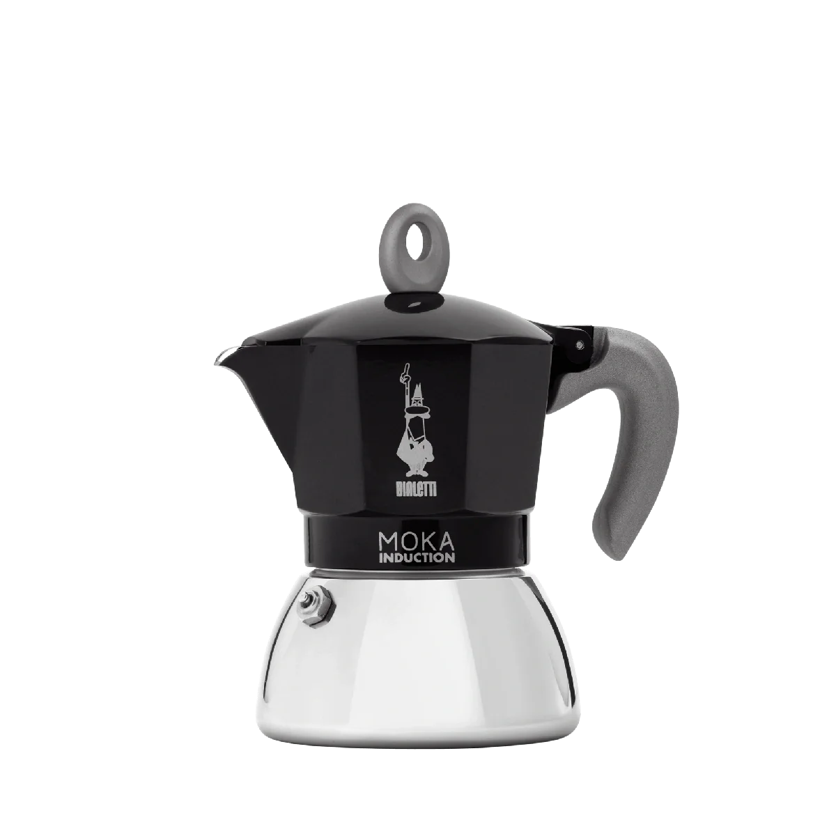 Bialetti New Moka Induction coffee maker in black, suitable for all stove types including induction, featuring ergonomic silicone handle and patented safety valve.
