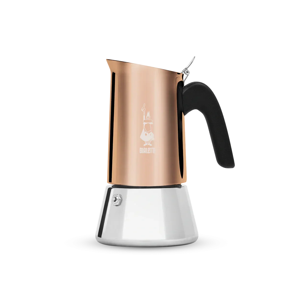 Bialetti New Venus espresso maker in copper finish with anti-slip handle, suitable for all stovetops.
