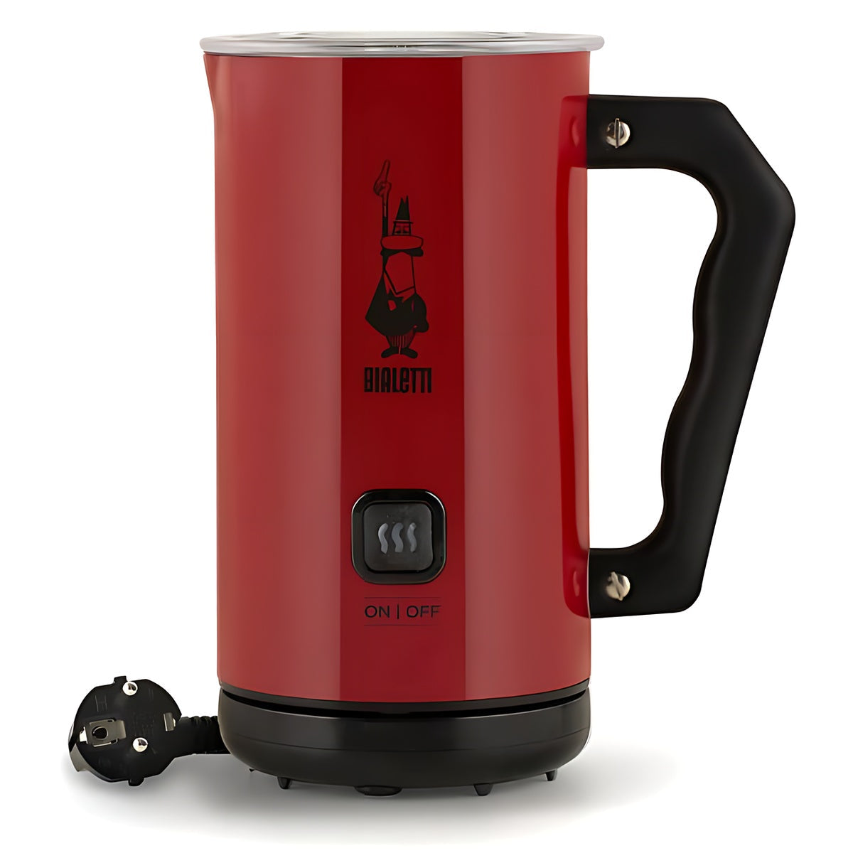 Red Bialetti electric milk frother MKF02 with ergonomic handle and power switch.