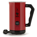 Red Bialetti electric milk frother MKF02 with ergonomic handle and power switch.