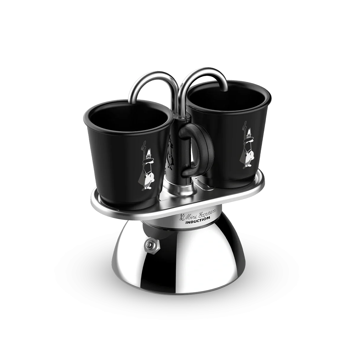 Bialetti Mini Express Induction set with two black espresso cups on stainless steel base.