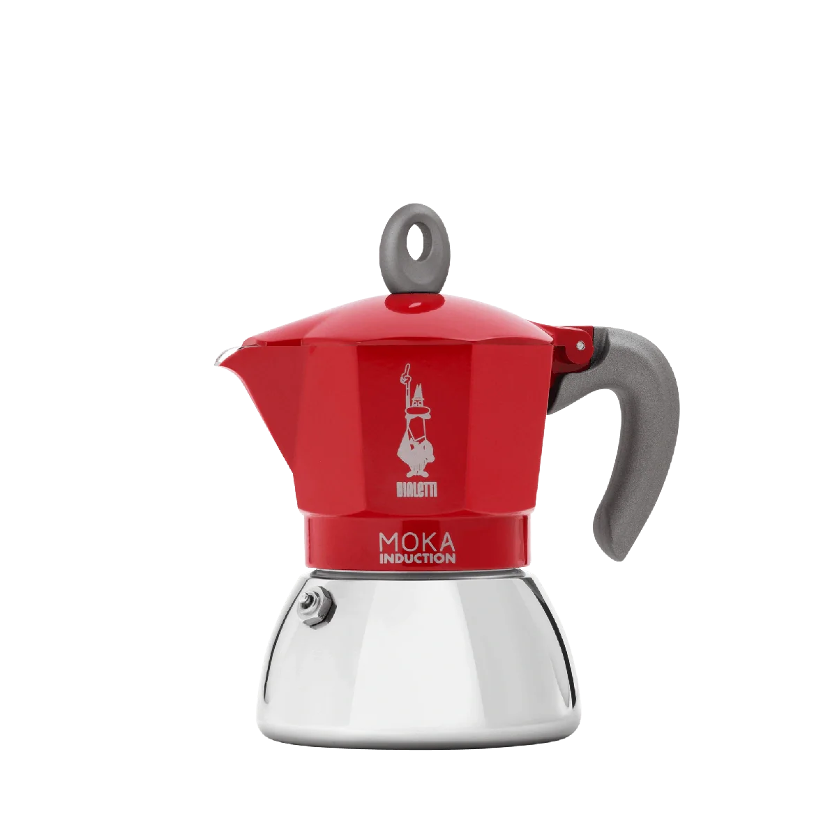 Bialetti New Moka Induction 2-cup espresso maker, red, stainless steel and aluminum, ergonomic silicone handle.