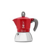 Bialetti New Moka Induction 2-cup espresso maker, red, stainless steel and aluminum, ergonomic silicone handle.