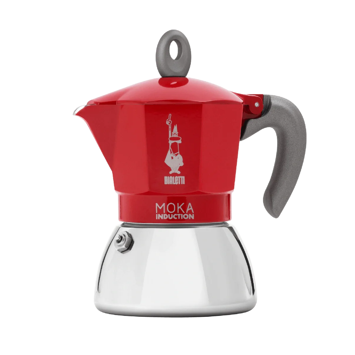 Bialetti New Moka Induction 6-Cup Espresso Maker, Red, compatible with all stovetops including induction, featuring a stainless steel and aluminum bi-layer boiler, ergonomic silicone handle, and patented safety valve.