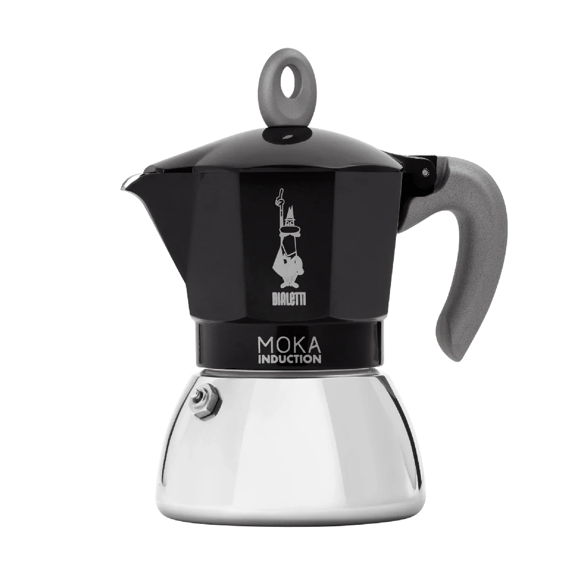 Bialetti New Moka Induction 6 Tassen Schwarz with ergonomic silicone grip and patented safety valve for all heat sources.