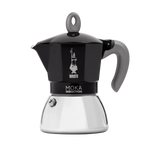 Bialetti New Moka Induction 6 Tassen Schwarz with ergonomic silicone grip and patented safety valve for all heat sources.