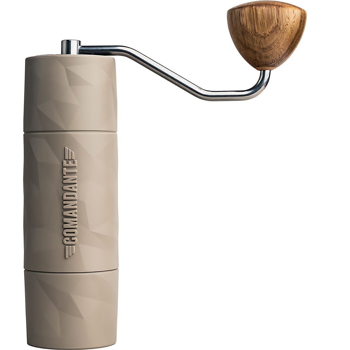 Comandante X25 Trailmaster Dune hand grinder with ergonomic design and sand-colored techno-polymer body.