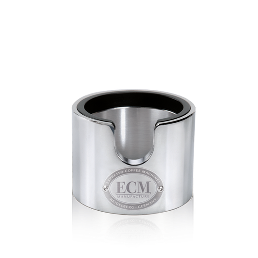 ECM Tamperstation Aluminium polished with integrated damping ring for espresso extraction.