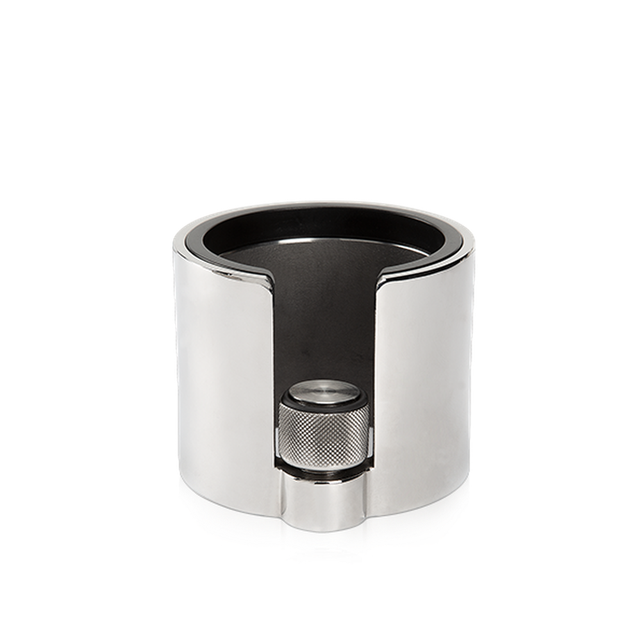 Adjustable ECM Tamperstation in polished stainless steel for precise tamping.