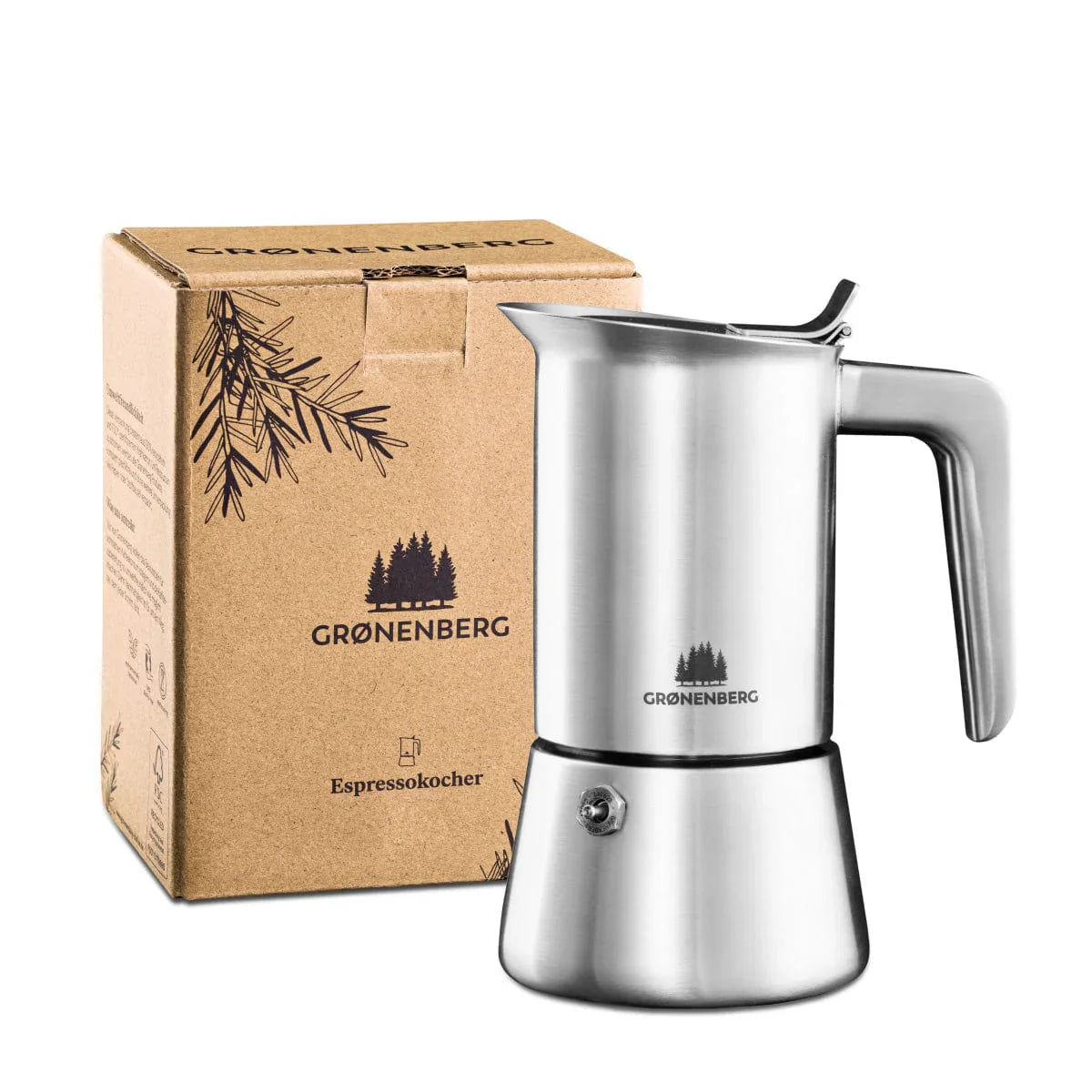 Groenenberg Espressokocher Edelstahl für 6 Tassen, induktionsgeeignet, mit Ersatz-Dichtungsring und hochwertigem Design.
