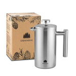 Groenenberg French Press aus Edelstahl 350 ml with extra thick walls for insulation, three filters, eco-friendly design.