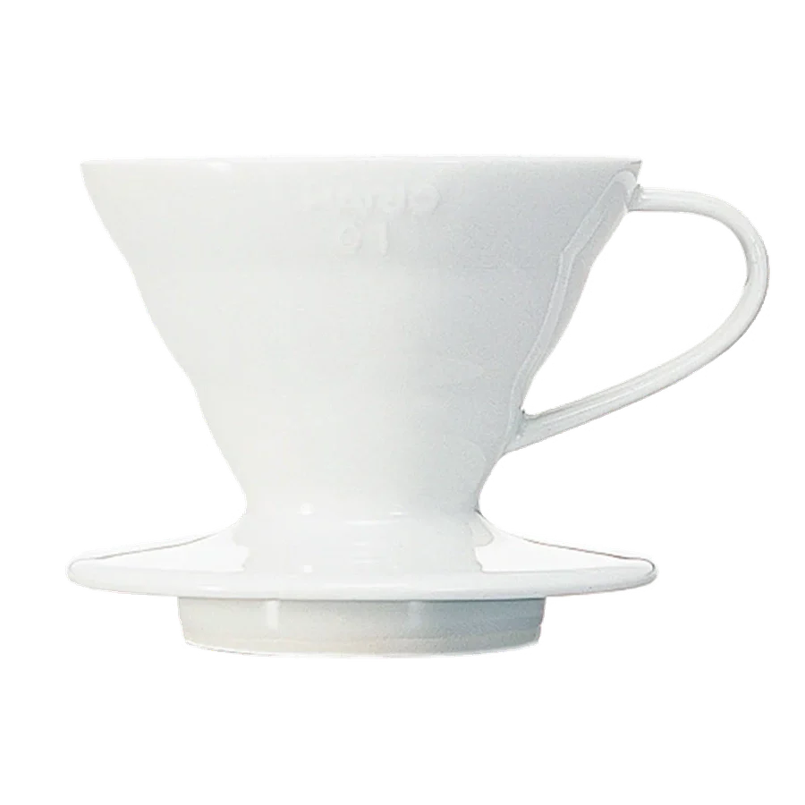 Hario V60 white ceramic coffee dripper, featuring spiral ridges and a conical design for optimal coffee extraction.