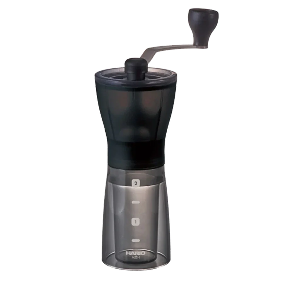 Hario Ceramic Coffee Mill Mini-Slim Plus, compact hand grinder with adjustable ceramic burrs, ideal for travel and home use.