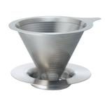 Hario Double Mesh Metal Dripper 02 in stainless steel, eco-friendly coffee brewing without paper filters.