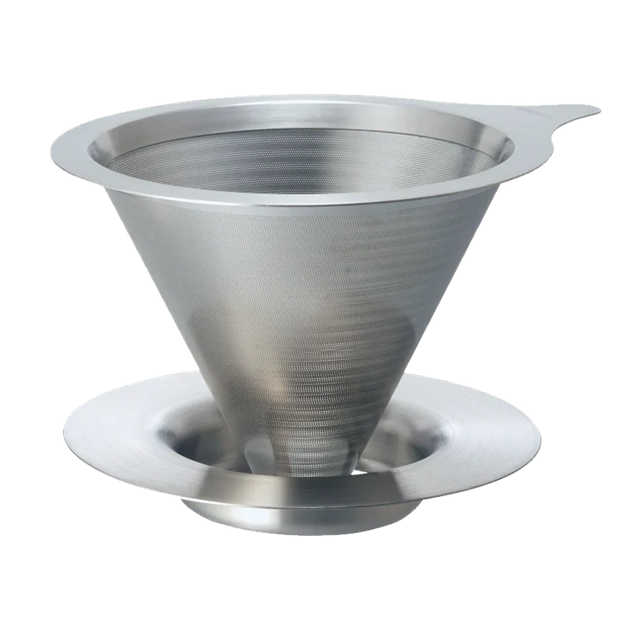 Hario Double Mesh Metal Dripper 02 in stainless steel, eco-friendly coffee brewing without paper filters.