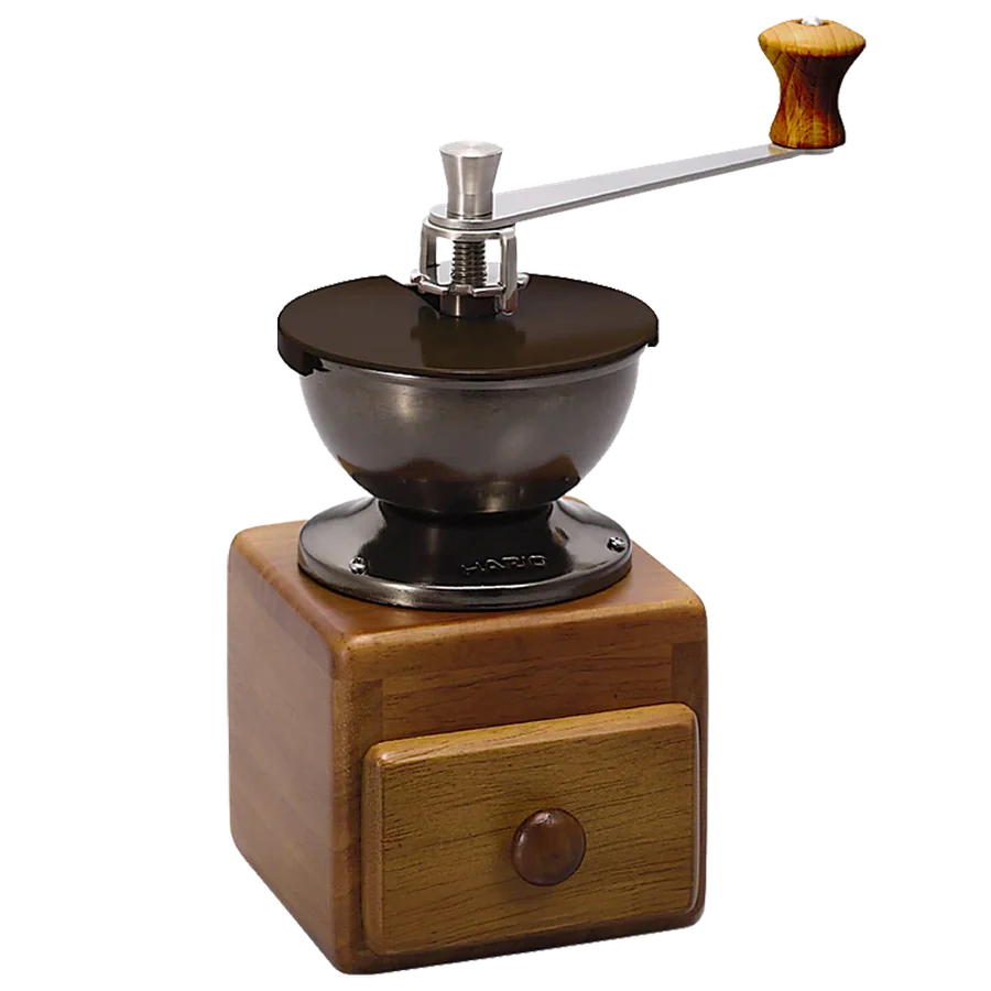Hario MMR-2 Small Coffee Grinder with wooden base and ceramic burr.