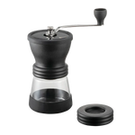 Hario Keramikkaffeemühle Skerton N with ceramic grinder and glass container.