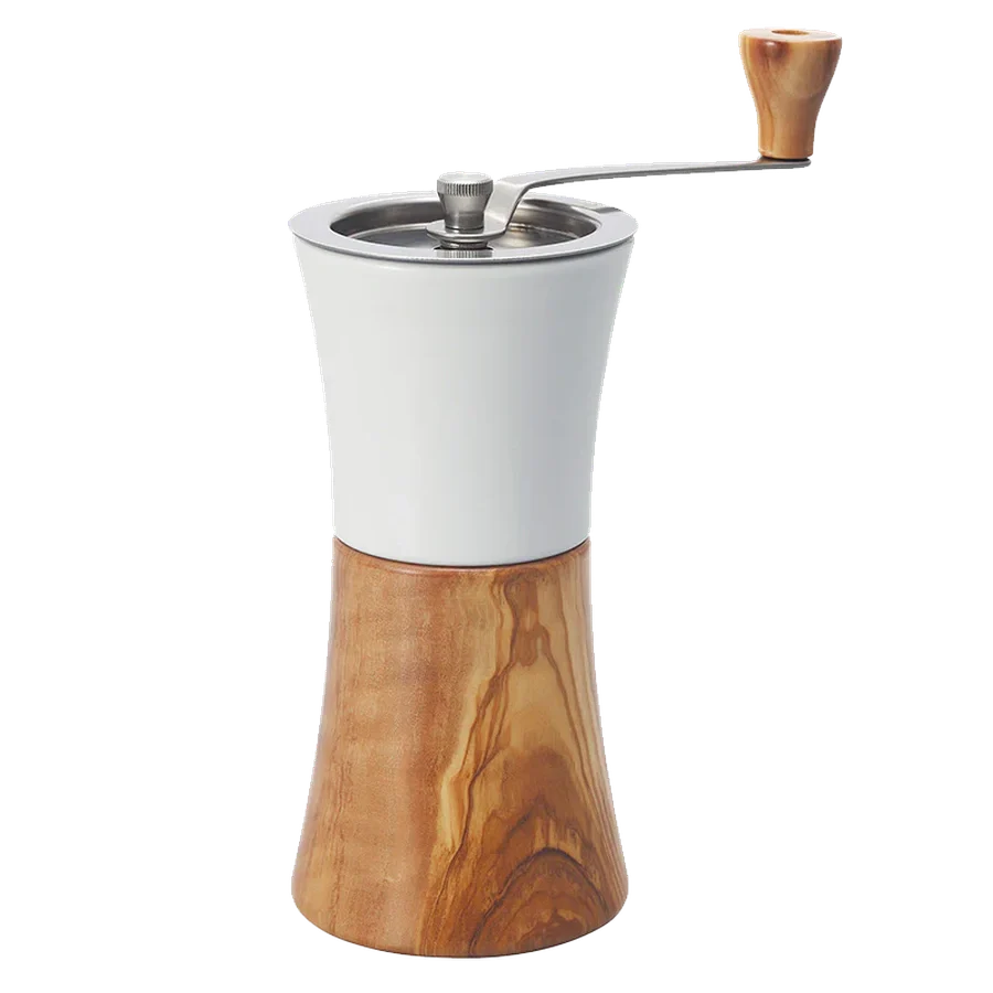 Hario V60 Kaffeemühle aus Olivenholz und Keramik mit einstellbarem Mahlwerk.