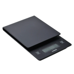 Hario V60 Drip Scale with Timer, matte black design, compact size.