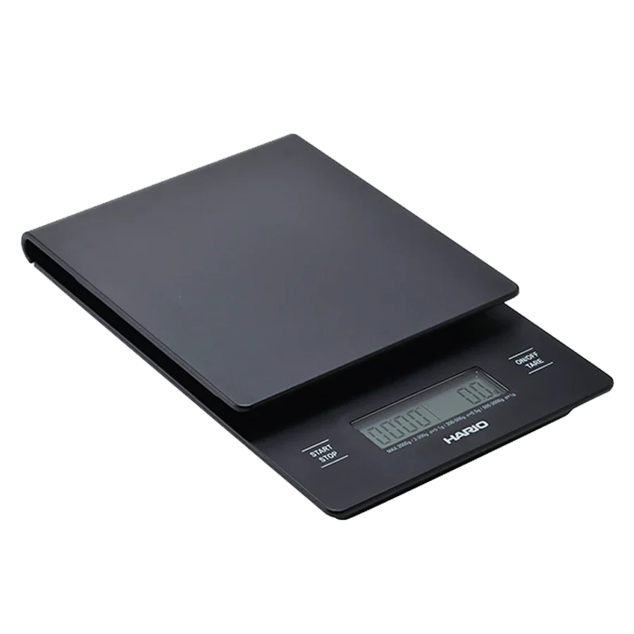Hario V60 Drip Scale with Timer, matte black design, compact size.