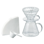 Hario V60 Glass Brewing Set with dripper, glass pot, filter paper, and scoop.