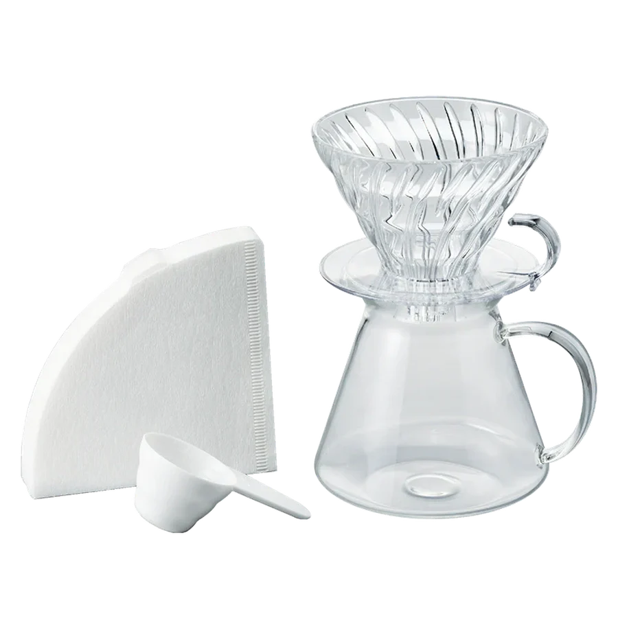 Hario V60 Glass Brewing Set with dripper, glass pot, filter paper, and scoop.