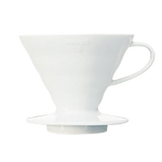 Hario V60 Coffee Dripper 02 in white ceramic with conical shape and spiral grooves.