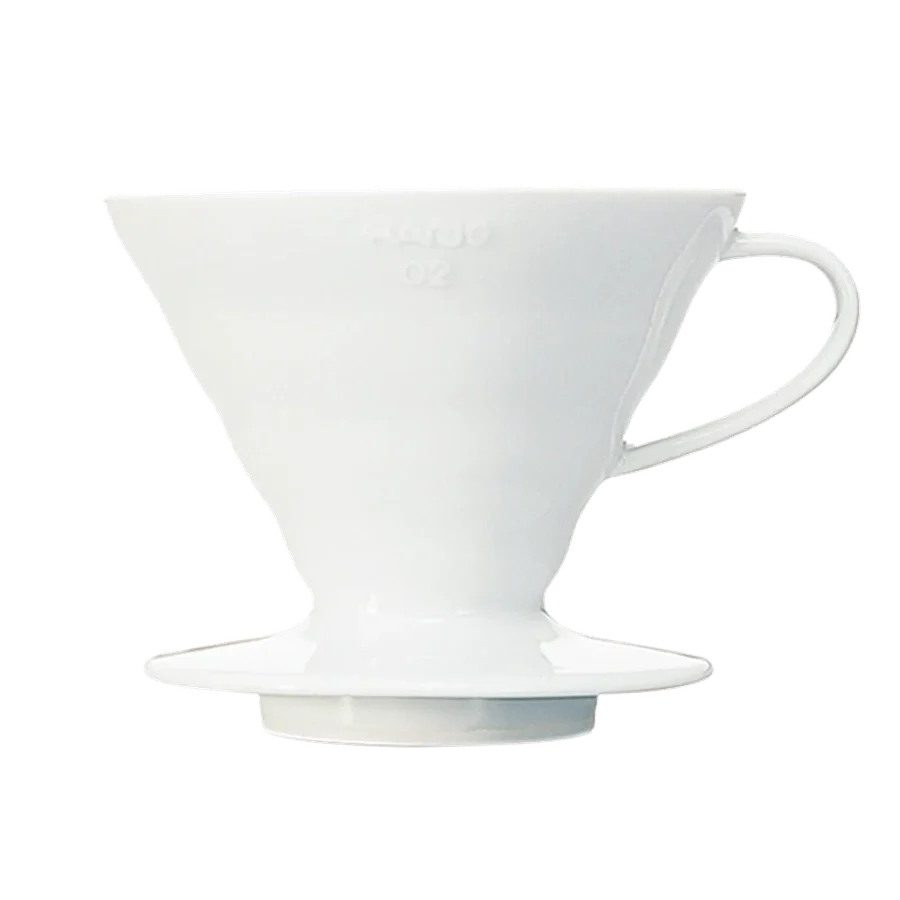 Hario V60 Coffee Dripper 02 in white ceramic with conical shape and spiral grooves.