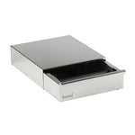 Polished stainless steel Joefrex Sudschublade M with PVC knock bar and non-slip rubber feet.