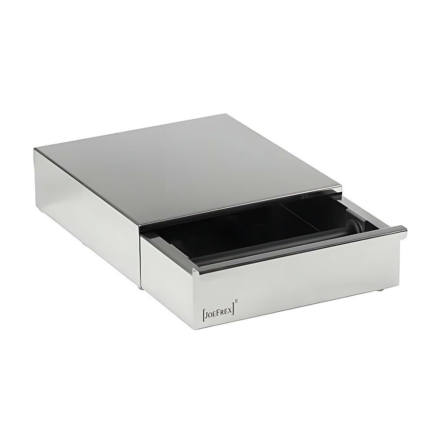 Polished stainless steel Joefrex Sudschublade M with PVC knock bar and non-slip rubber feet.