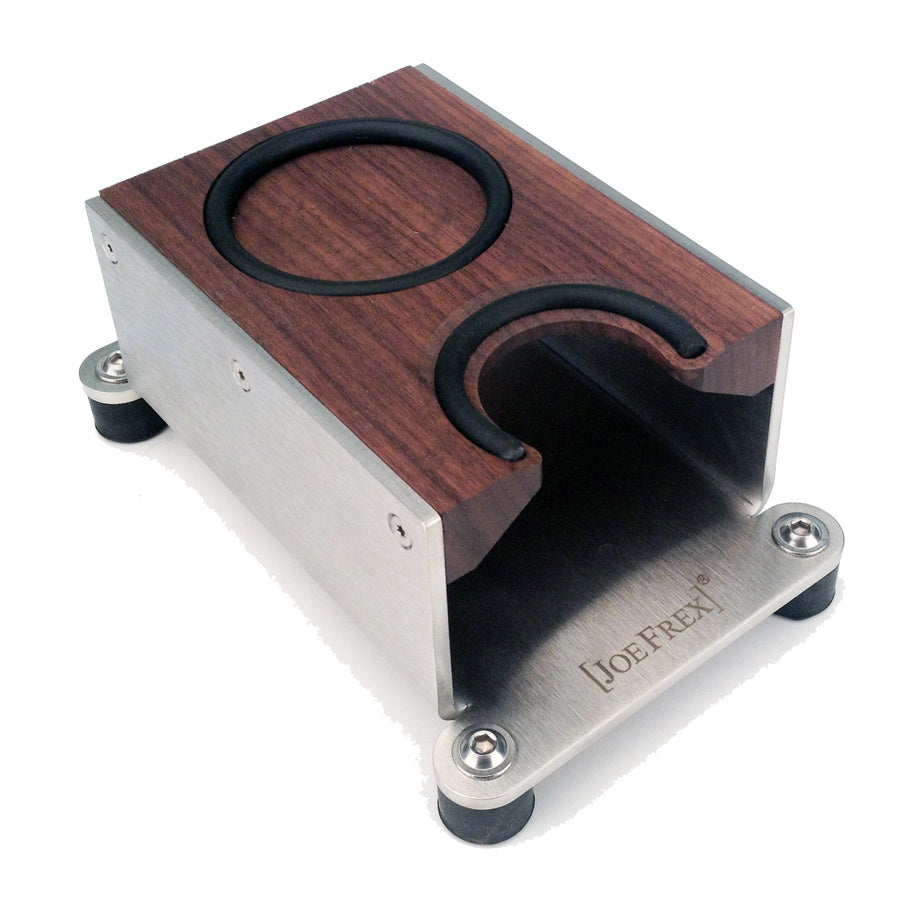 Joefrex Tamping Station made of stainless steel and walnut wood with rubber feet for stability.