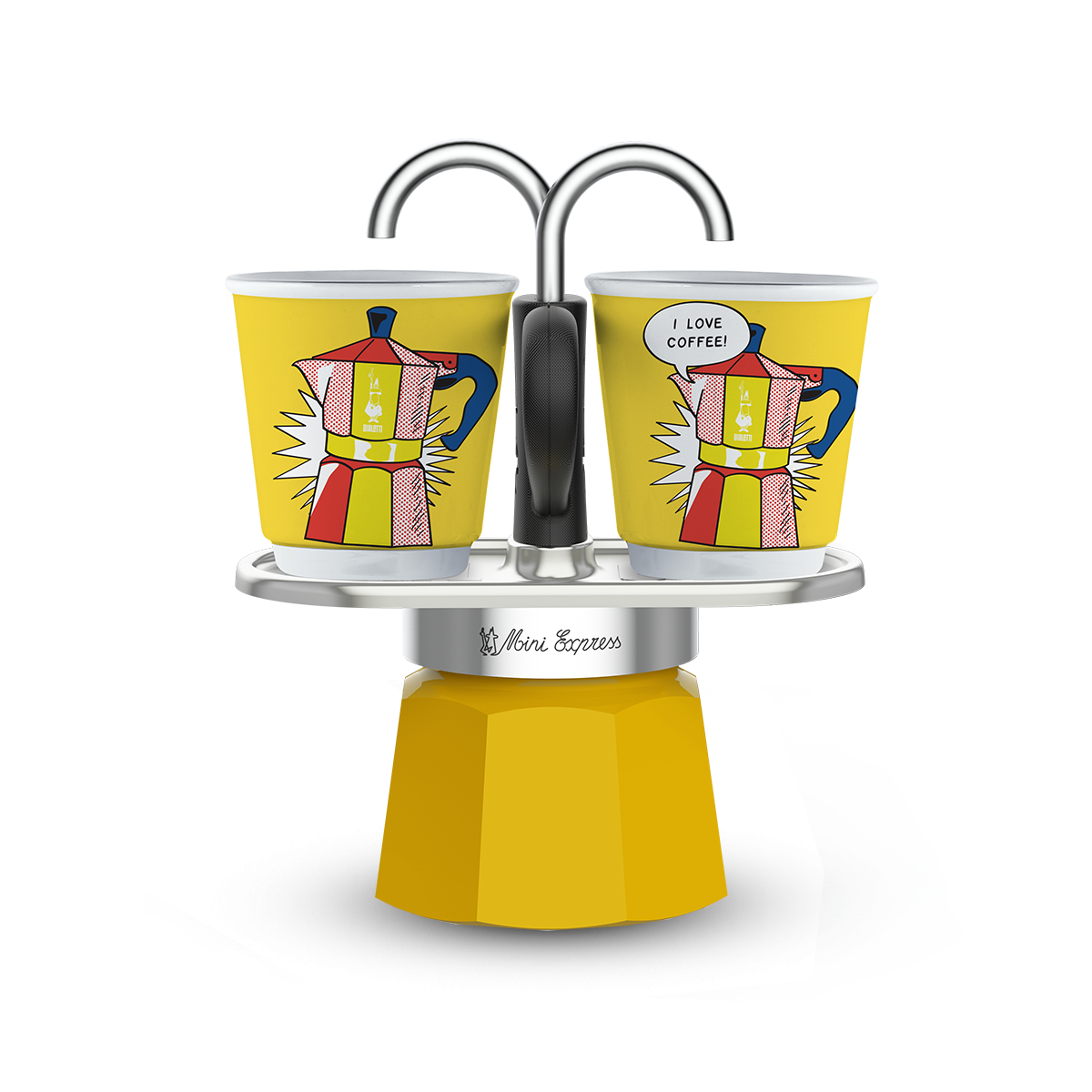 Bialetti Mini Express Set with yellow design and two ceramic espresso cups.