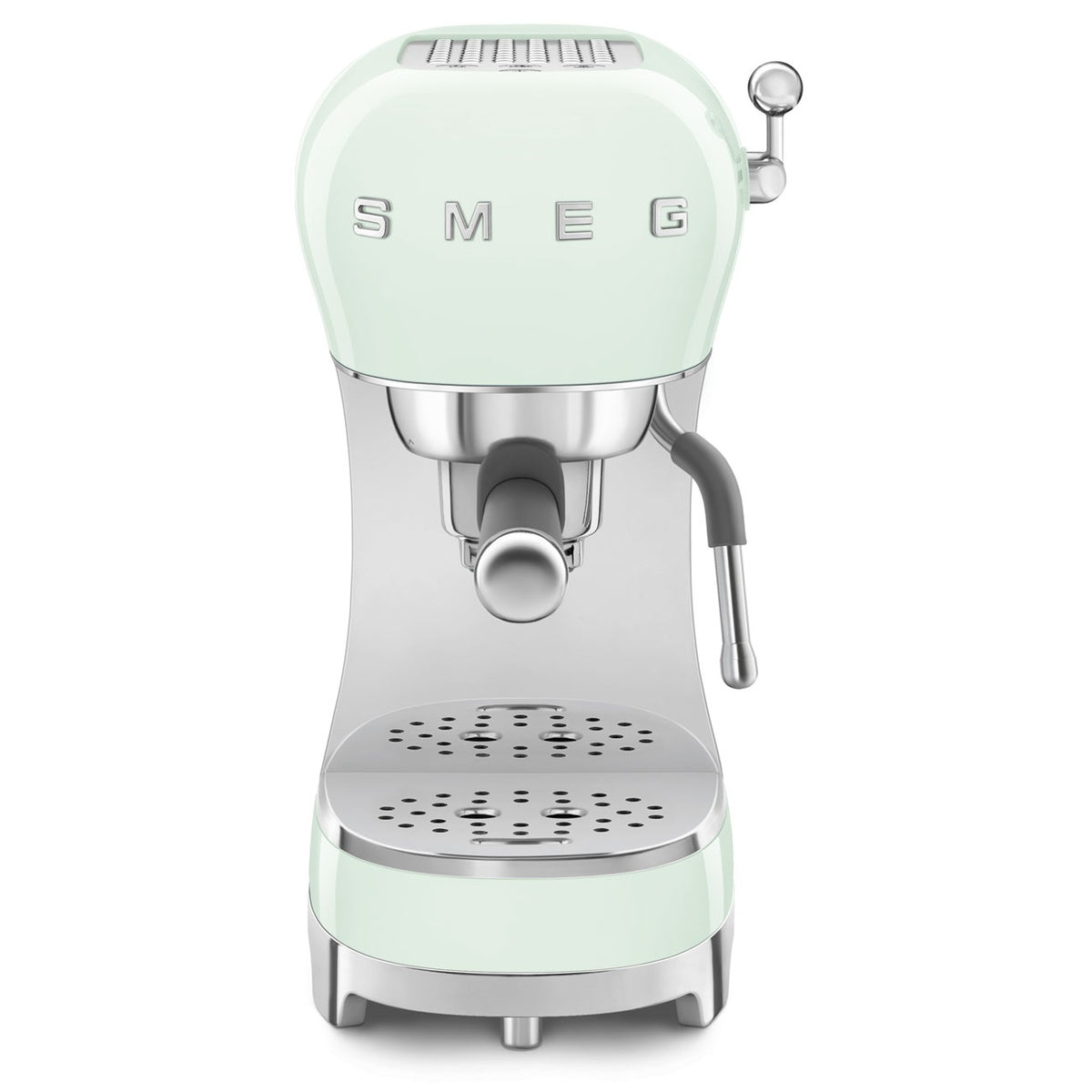 Pastel green Smeg Espressomaschine ECF02PGEU with compact design and stainless steel removable cup holder.