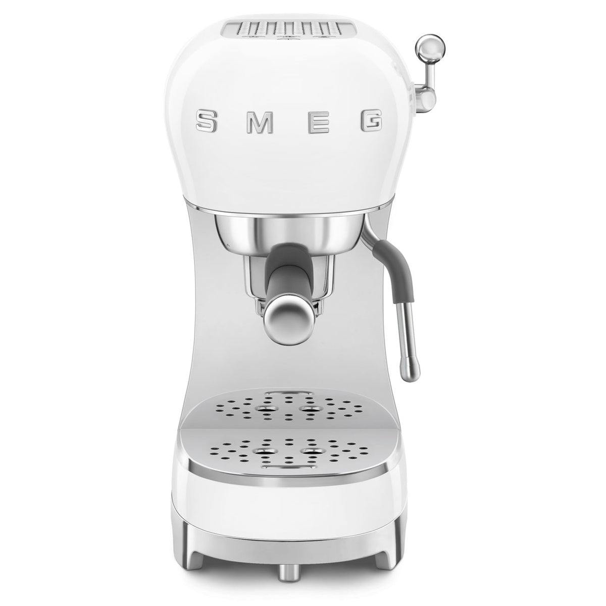 White Smeg ECF02WHEU espresso machine with a sleek design and professional features.